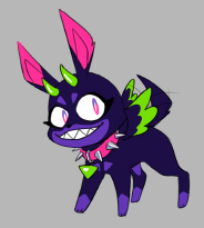 Digital art of a toony dark purple puppy with lime green horns