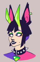 digital portrait of a black haired dog girl with lime green demon horns