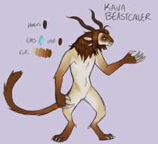 digital full body drawing of a charr from guild wars 2 with straight brown hair and siamese cat-like coloration.