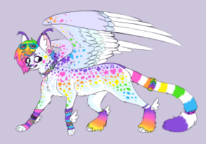 digital art of an ambiguous white quadripedal feline with rainbow spots, a tuft of rainbow hair on her head, and big fluffy wings. She's decked out in colorful kandi jewelry and hair accessories.