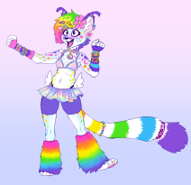 digital art of an ambiguous white anthro feline with rainbow spots, a tuft of rainbow hair on her head, and big fluffy wings. She's decked out in a holographic bikini top and miniskirt, colorful kandi jewelry and hair accessories.