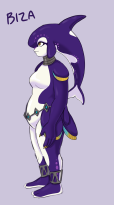 digital art. Full body profile view of a curvy, purple female Breath of the Wild style zora with orca-like features.