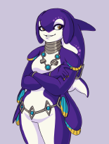 digital art. Three-quarter view of a curvy, purple female Breath of the Wild style zora with orca-like features in a casual pose