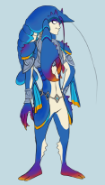digital art. Full body drawing of a slender blue male Breath of the Wild style zora with lobster-like features.